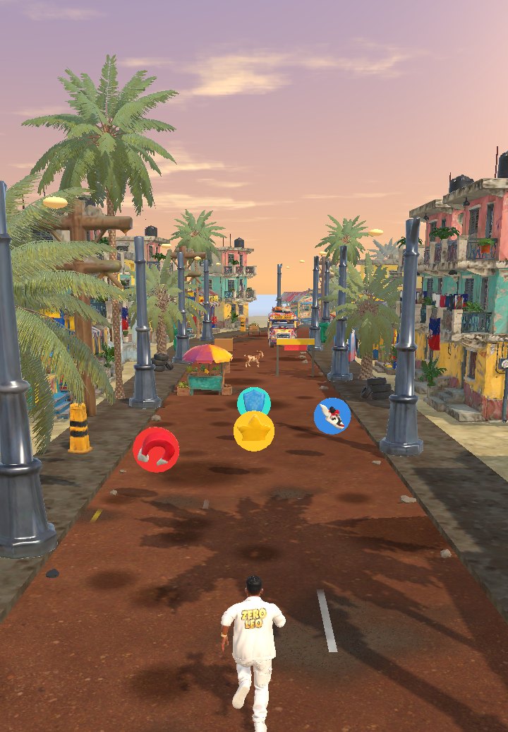 Capture du jeu : Mounpoumoun court sur une route de terre rouge bordée de palmiers, au petit matin