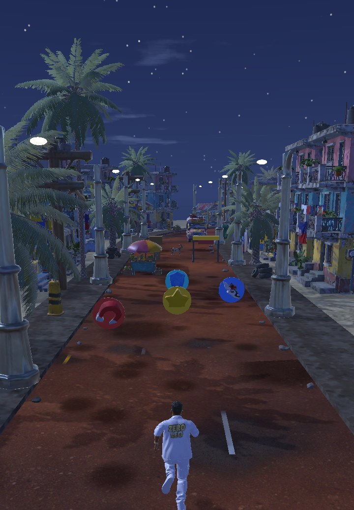 Capture du jeu : la même rue de nuit, sous les lampadaires et les étoiles