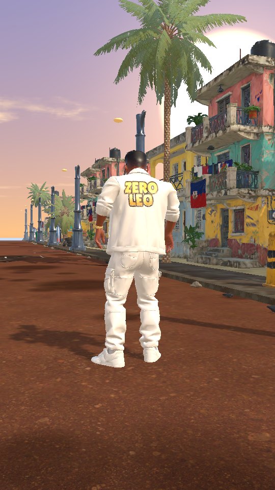 Capture du jeu : le dos de Mounpoumoun avec l'inscription ZERO LEO peinte en lettres d'or sur sa veste