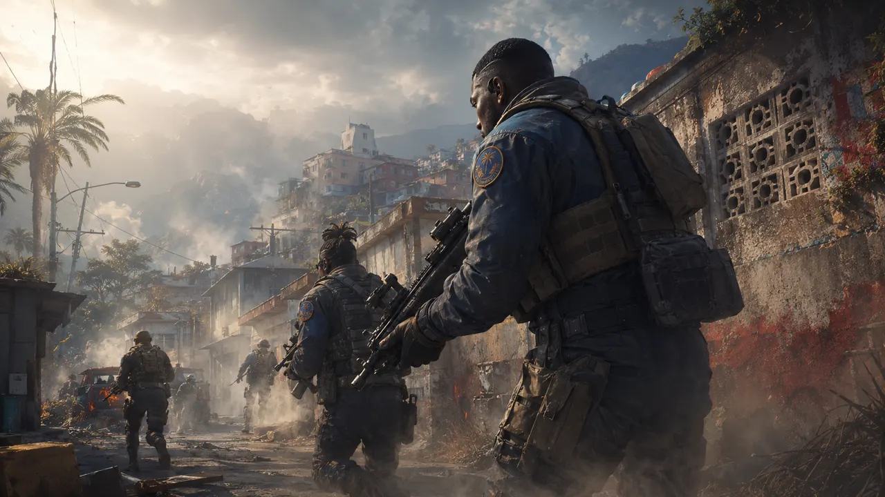 Squad moving through a street in Haiti